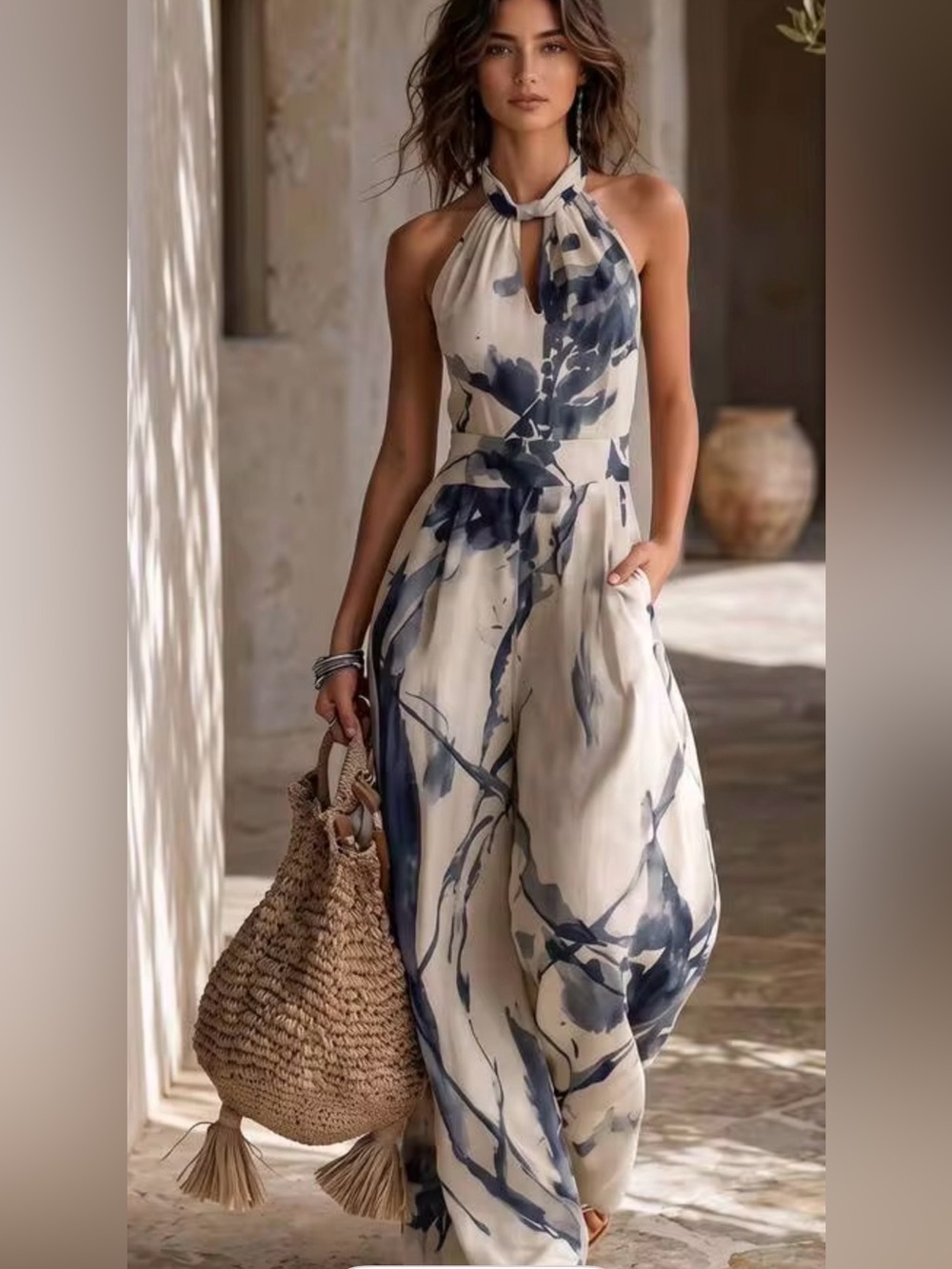 Halter-Neck Floral Jumpsuit in Ivory and Navy